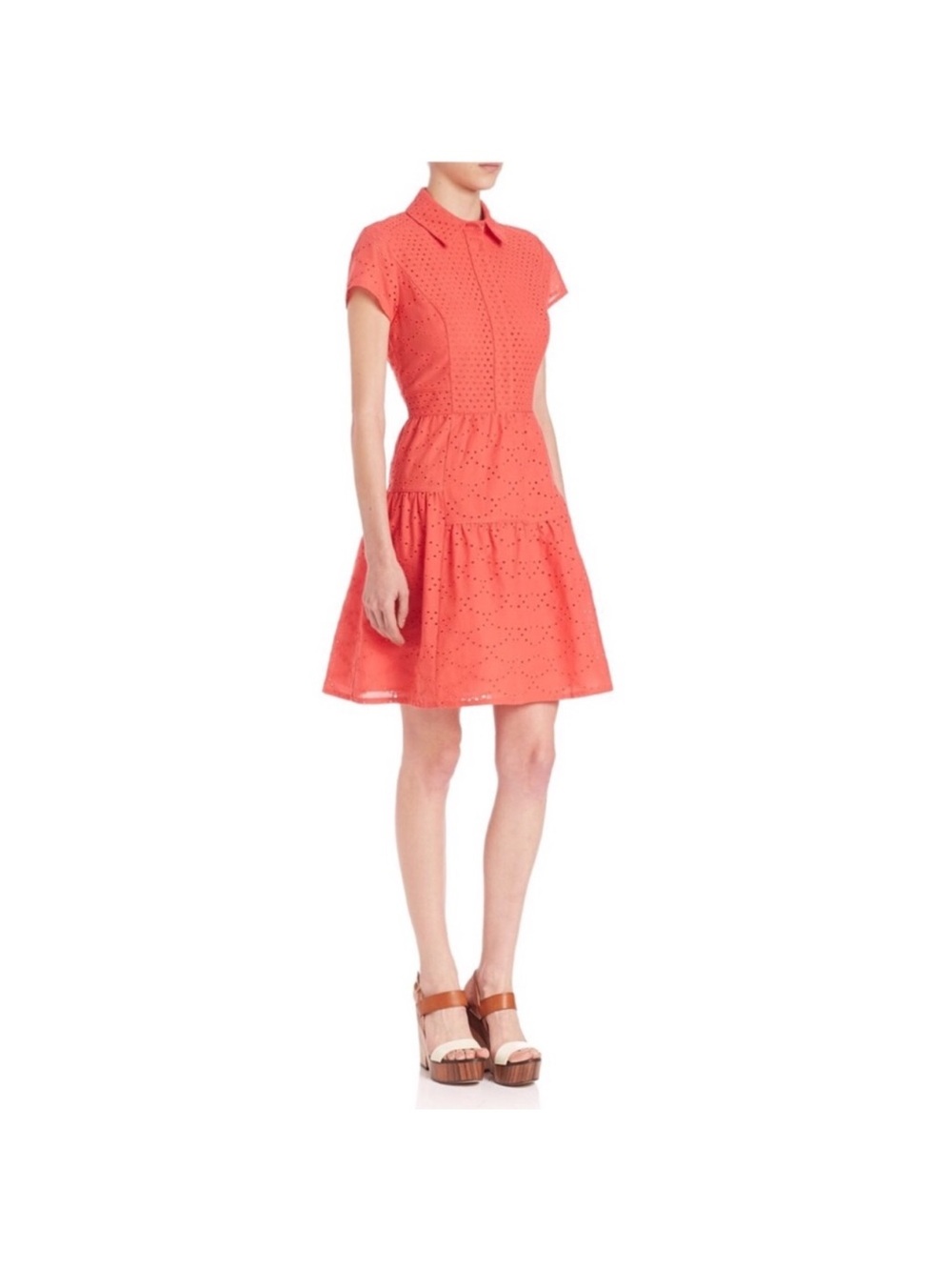 Diane Von Furstenberg Collared Short-Sleeve Coral Dress with eyelet detail